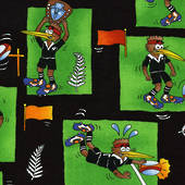 Rugby playing kiwi with silver fern fabric.